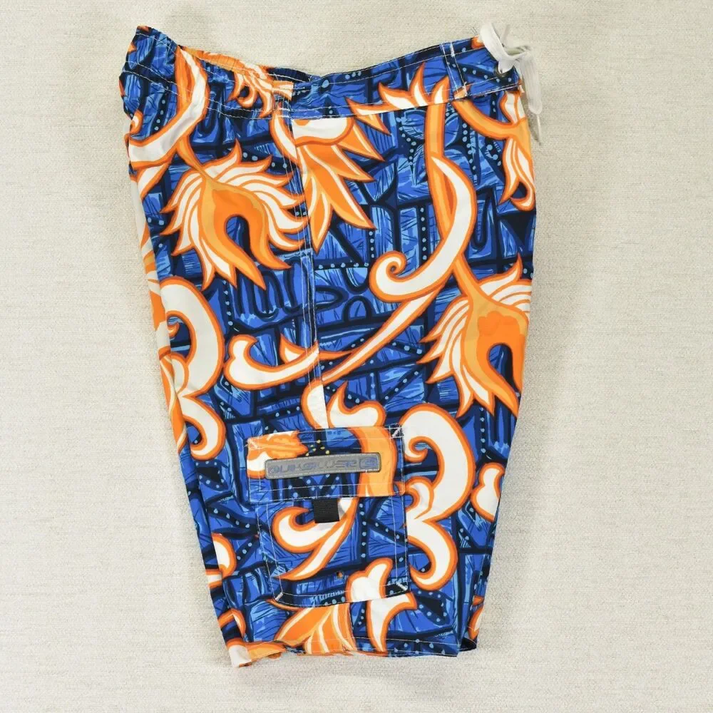 Quiksilver Boys M 6/7 Boardshorts Blue Neon Orange Hawaiian Tribal Surf Shorts